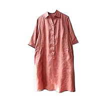 Summer Arts Style Women Sleeve Loose Knee-Length Dresses All-Matched Casual Solid Cotton Linen Shirt Dress
