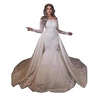 Plus Size Off Shoulder Lace Sequins Bridal Ball Gown with Detachable Train Mermaid Wedding Dresses for Bride Long Sleeve