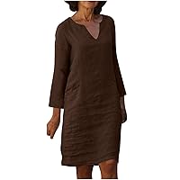 Womens Long Sleeve Cotton Linen Knee Length Dress V Collar Loose Casual Dressy Linen T-Shirt Dress with Pockets