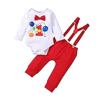 IMEKIS Baby Boy Wild One Dinosaur Birthday Outfit Cake Smash Bowtie Romper + Suspenders + Long Pants Fall Clothes Photo Shoot