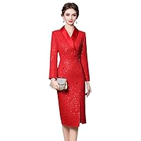 Women's Autumn Winter Sequined Midi Red Tweed Woolen Dress for Party Elegant Ladies Office Dresses Work Robe