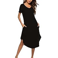 Women Curved Hem Short Sleeve V-Neck A-Line Dress Summer Casual Loose Home Solid Tunic T-Shirt Mid Dress with Pocket
