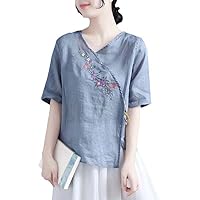 Summer Vintage Art Thin Embroidered Cotton Linen Top Ethnic Style V-Neck Chinese Traditional Women's Wear Tea Clothing