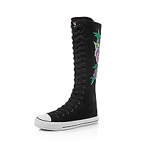 Floral Pattern Women's Canvas Knee High Boots Side Zipper Lace Up Cute Fashion Casual Shoes