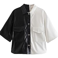 Women Black White Color Patchwork Leather Blouse Female Short Sleeve Pocket Patch Shirt Chic Tops