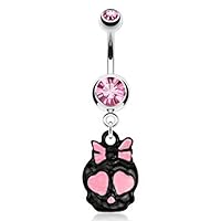 Cute Skull Black IP with Pink Ribbon and Enamel Plated Heart Eyes 316L Surgical Steel WildKlass Navel Ring (Sold by Piece)