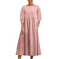 Summer Dresses for Women 2024 Crew Neck Casual Comfy Short Sleeve Tunic Beach Sundresses with Pockets Floral/Plain