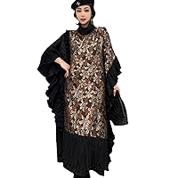 Spring Autumn Turtleneck Pullover Dress Loose Mid-Length Printing Splicing Bat Sleeve Dress Black Women's