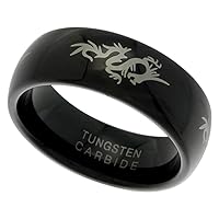 Sabrina Silver Black Tungsten Carbide 8mm Domed Wedding Band Ring Chinese Dragon Etched, Sizes 9-12
