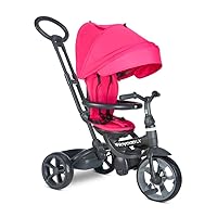 Joovy Tricycoo LX Premium Kids Tricycle with 8 Stages Featuring Chunky Front Tire, Removable and Adjustable Parent Handle, Safety Harness, Machine-Washable Seat Pad, and Retractable Canopy, Magenta
