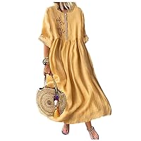Womens Colorful Boho Floral Print Cotton Linen Maxi Dress Summer Beach Vacation Casual Loose Swing Dresses