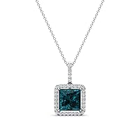 Princess Cut London Blue Topaz & Round Diamond 2.03 ctw Women Halo Pendant Necklace 14K Gold