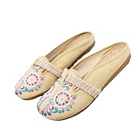 Women Round Toe Slippers Ethnic Style Backless Loafers Female Retro Casual Slides Floral Embroidered Summer Mules