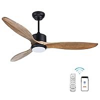 Ovlaim 52 Inch Indoor Outdoor Ceiling Fan, ETL Listed Quiet DC Motor Solid Wood Ceiling Fans with Lights Remote Control, 3 Blade Propeller Smart Ceiling Fan for Bedroom Living Room