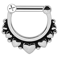 Oxidized Multi Hearts Paved 316L Surgical Steel Septum Clicker Ring - Nose Septim Ring