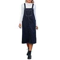 Women's Casual Denim Midi Dress Sleeveless Jumper Pinafore Dress Knee Length Suspender Skirt