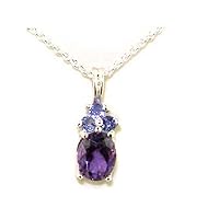 Luxury Ladies Solid 925 Sterling Silver Natural Amethyst and Tanzanite Contemporary Pendant Necklace