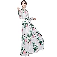 Summer Runway Maxi Dresses Women's Long Sleeve Rose Flowers Print Elastic Waist Holiday Long Dress