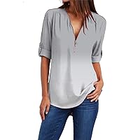 EFOFEI Women Zipper Up Ombre Shirt Long Cuffed Sleeve Tops Shirt Chiffon Blouses