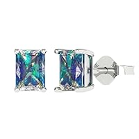2.0 ct Emerald Cut Solitaire Genuine Blue Moissanite Pair of Designer Stud Earrings Solid 14k White Gold Butterfly Push Back