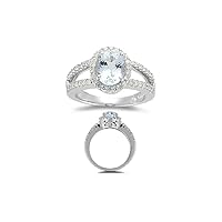 2.25 Cts Diamond & 9x7 mm AA Oval Aquamarine Ring in 14K White Gold