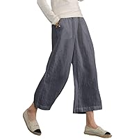 ECUPPER Womens Casual Loose Elastic Waist Cotton Trouser Cropped Wide Leg Pants