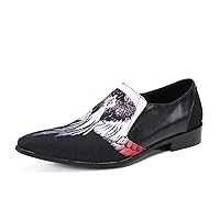 Men Black Premium Genuine Leather Loafers Slip on Block Heel Flats Printed Dressy