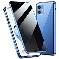Double-Sided Tempered Glass Metal Bumper Phone Cover, Anti-Peep Magnetic Flip Phone Case for Apple iPhone 12 Mini (2020) 5.4 Inch (Color : Blue)