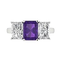 Clara Pucci 3.97ct Emerald Cut 3 Stone Solitaire with Accent Natural Amethyst gemstone designer Modern Statement Ring 14k White Gold