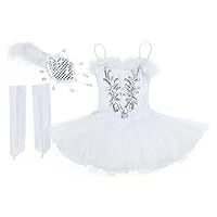 Girls Sequins Ballet Dance Dress Swan Lake Performance Tutu Leotard Dress with Fingerless Gloves Hair Clip Costume