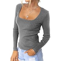 Women's Square Neck Vintage Knitted Tops Long Sleeve Slim Fitted T Shirt Basic Autumn Shirt