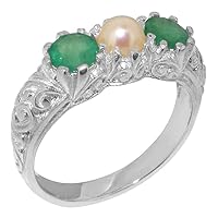 925 Sterling Silver Cultured Pearl & Emerald Womens Trilogy ring - Sizes 4 to 12 Available