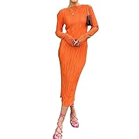 Dress for Women 2022 Autumn Winter Green Maxi Bodycon Dress Sexy Women Pleated Black Fashion Long Sleeve Casual Dresses Party (Color : Orange, Size : Small)