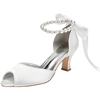 Womens Peep Toe Pearl Low Heel Sandals for Wedding Chunky Heel Bride Shoes Bridesmaid Party Dress 6.5CM Ivory US 9.5