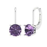 2.94cttw Round Cut Solitaire Genuine Simulated Alexandrite Unisex Pair of Lever back Drop Dangle Earrings 14k White Gold