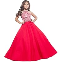 Girl's Tulle Flowers Girls Gowns Halter Neck Crystal Girls Pageant Dresses Watermelon Red