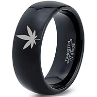 Marijuana Weed Cannabis Leaf Ring - Tungsten Band 8mm - Men - Women - 18k Rose Gold Step Bevel Edge - Yellow - Grey - Blue - Black - Brushed - Polished - Wedding - Gift Dome Flat