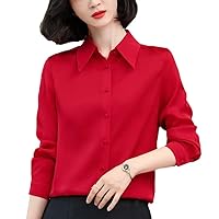 Office Lady Real Silk Blouse - Basic Red/Black/White Work Shirts with Turn-Down Collar & Long Sleeves