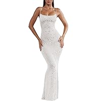 Leezeshaw Women’s Solid Rhinestone Spaghetti Strap Maxi Fishtail Evening Dresses Sexy Mesh Bodycon Formal Prom Gowns