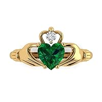 Clara Pucci 1.52ct Heart Cut Irish Celtic Claddagh Solitaire Simulated Green Emerald designer Modern Statement Ring Solid 14k Yellow Gold