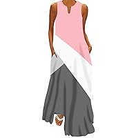 Casual Dresses for Women Sexy Sleeveless Color Block Maxi Dress Elegant V Neck Beach Sundress Catwalk with Pockets