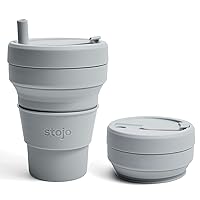 STOJO Titan Collapsible Travel Cup With Straw - Cashmere Gray, 24oz / 710ml - Reusable To-Go Pocket Size Silicone Cup for Hot & Cold Drinks - Camping and Hiking - Microwave & Dishwasher Safe