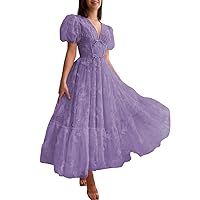 Women's 3D Butterflies Prom Dress Tulle Puffy Sleeve Princess Evening Gowns V Neck Formal Party Dress Tea Length