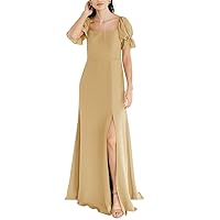 Chiffon Bridesmaid Dresses with Sleeves Long Square Collar Formal Evening Gowns Maxi Dress with Slit