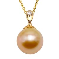 Amazing 18K Yellow Gold South Sea Golden Pearl Necklace 10.5mm AAA Round Pearl Pendant
