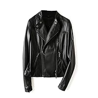 New Leather Ladies Short Sheepskin Motorcycle Leather Jacket (Black-Type A, M)
