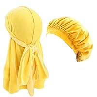2pcs/Set Durags and Bonnets Elastic Long Tail Velvet Doo rag Turban Sleep Cap Solid Color for Men Women