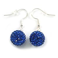 12mm D/Sapphire Blue Crystal Ball Drop Earrings In Silver Tone - 35mm Long