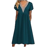 Midi Dresses for Women Summer Lace Trim V Neck Short Sleeve T Shirt Dress Ruched Swing Evening Dresses with Pockets