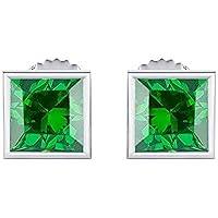 Princess Cut Created Green Emerald 14K White Gold Plated 925 Sterling Silver Fashion Four Bezel Setting Stud Earrings Great Gift for Any Occasion For Womens Girls (4MM To 10 MM)